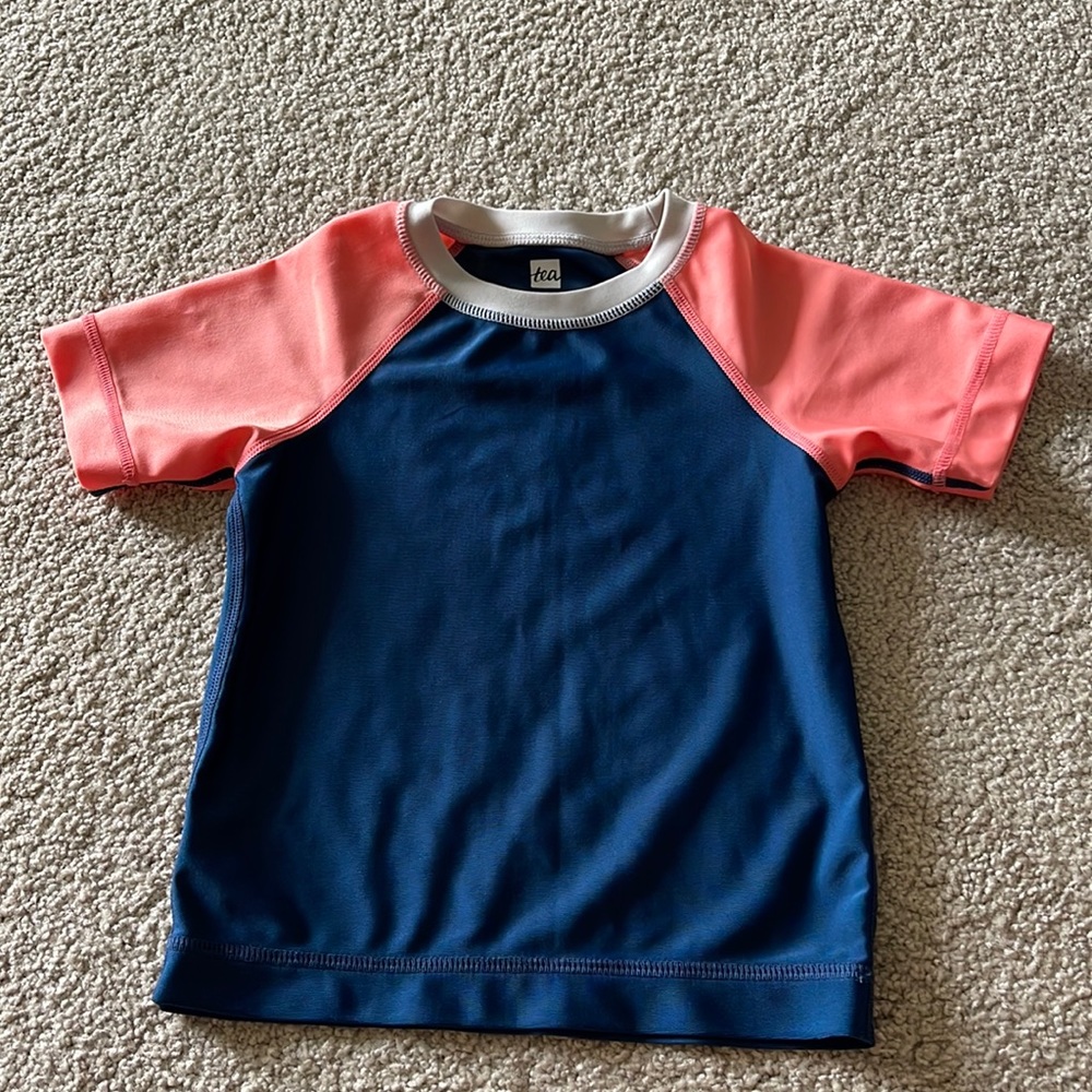 Tea Collection Kids Rashguard Navy Blue with Coral Pink Sleeves